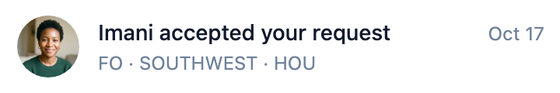 FlyFriends notification: Imani accepted your request, FO, Southwest, HOU