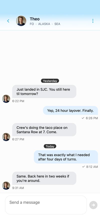 A FlyFriends chat with Theo, FO, Alaska, SEA: the crew is doing the taco place on Santana Row at 7